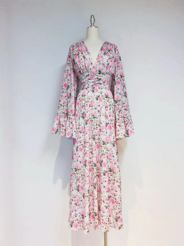 Beautiful Floral Dress Niche Design Super Fairy Pink V Collar Folds Waist Dress French 2024